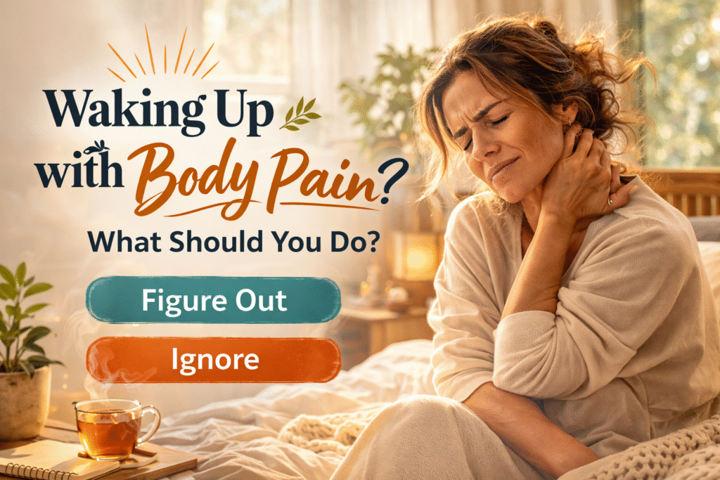 Woman waking up with body pain sitting on bed in the morning light