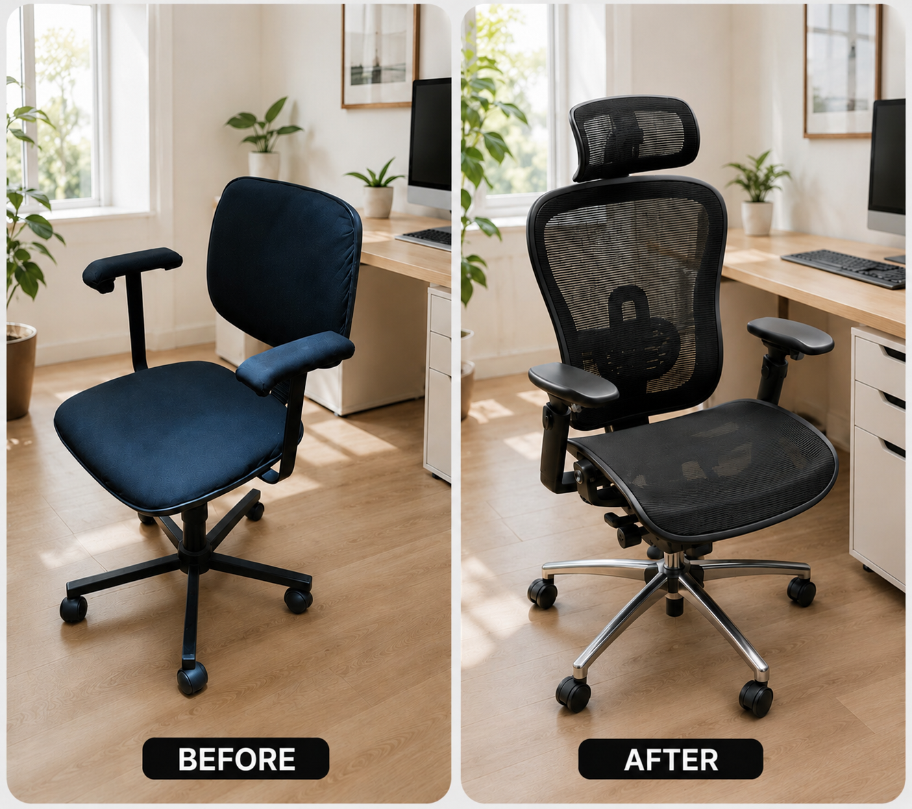 Before and after ergonomic chair showing improvement in back pain and posture