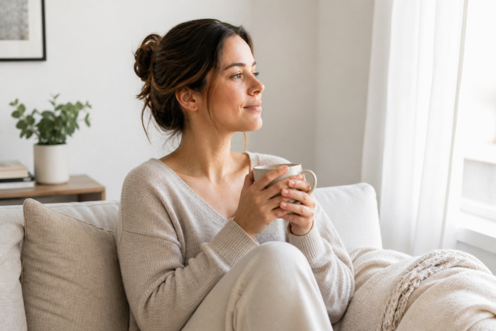 Woman practicing emotional self-care in a calm and peaceful environment
