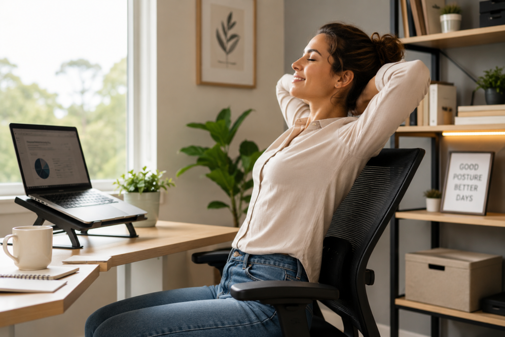 woman sitting with correct posture in ergonomic chair feeling relief from lower back pain while working at desk
