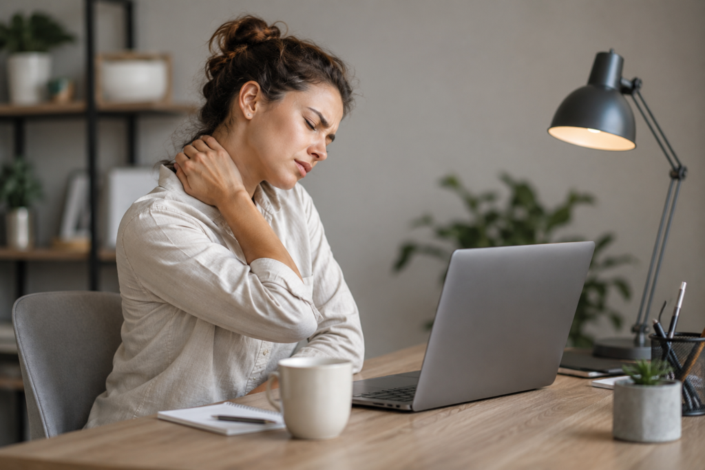 woman experiencing neck and shoulder pain while working at computer due to poor posture