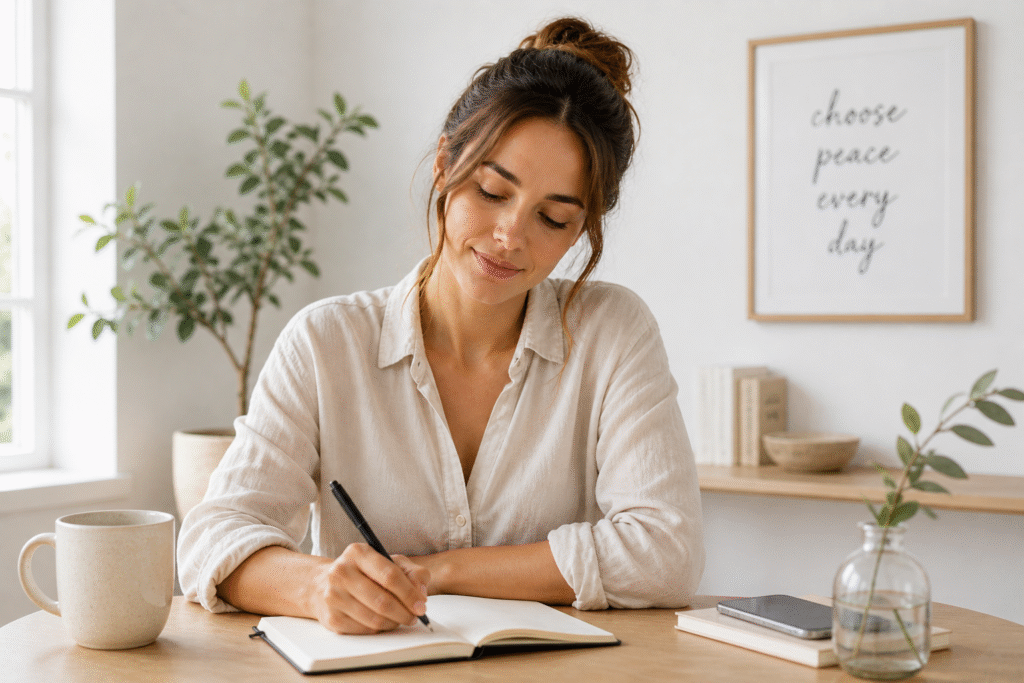 Woman writing and reflecting in a calm space, representing self-respect and emotional boundaries
