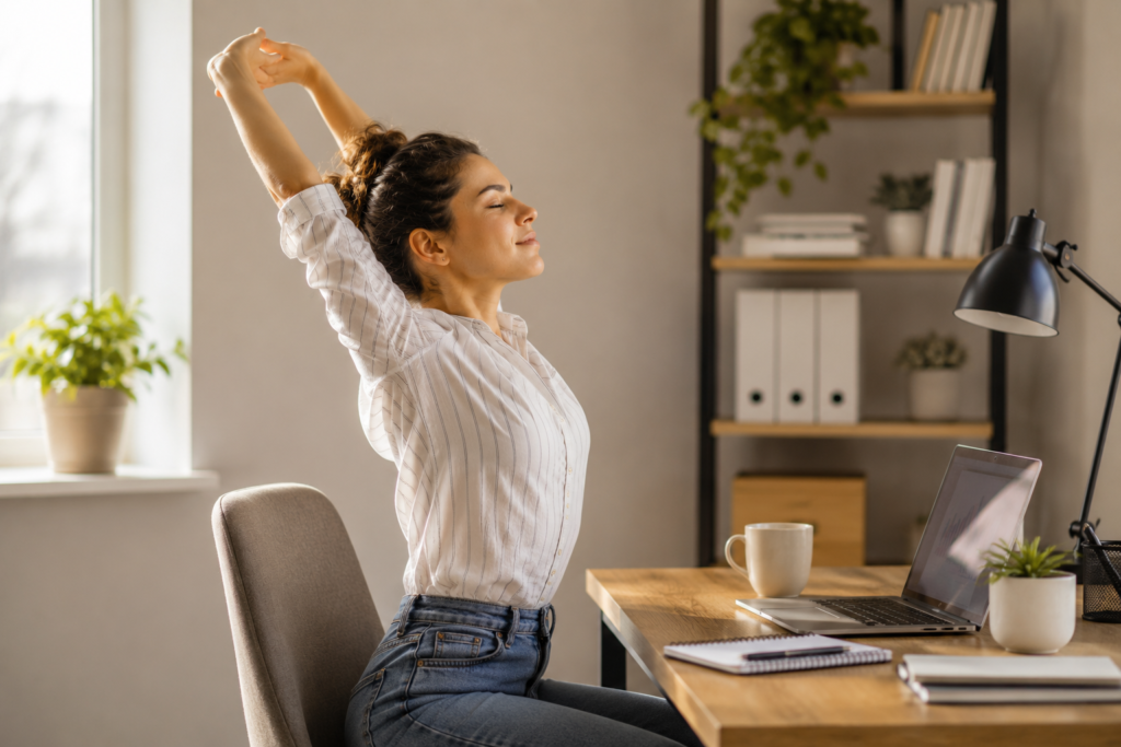 woman stretching her back after long hours sitting at computer relieving posture-related pain