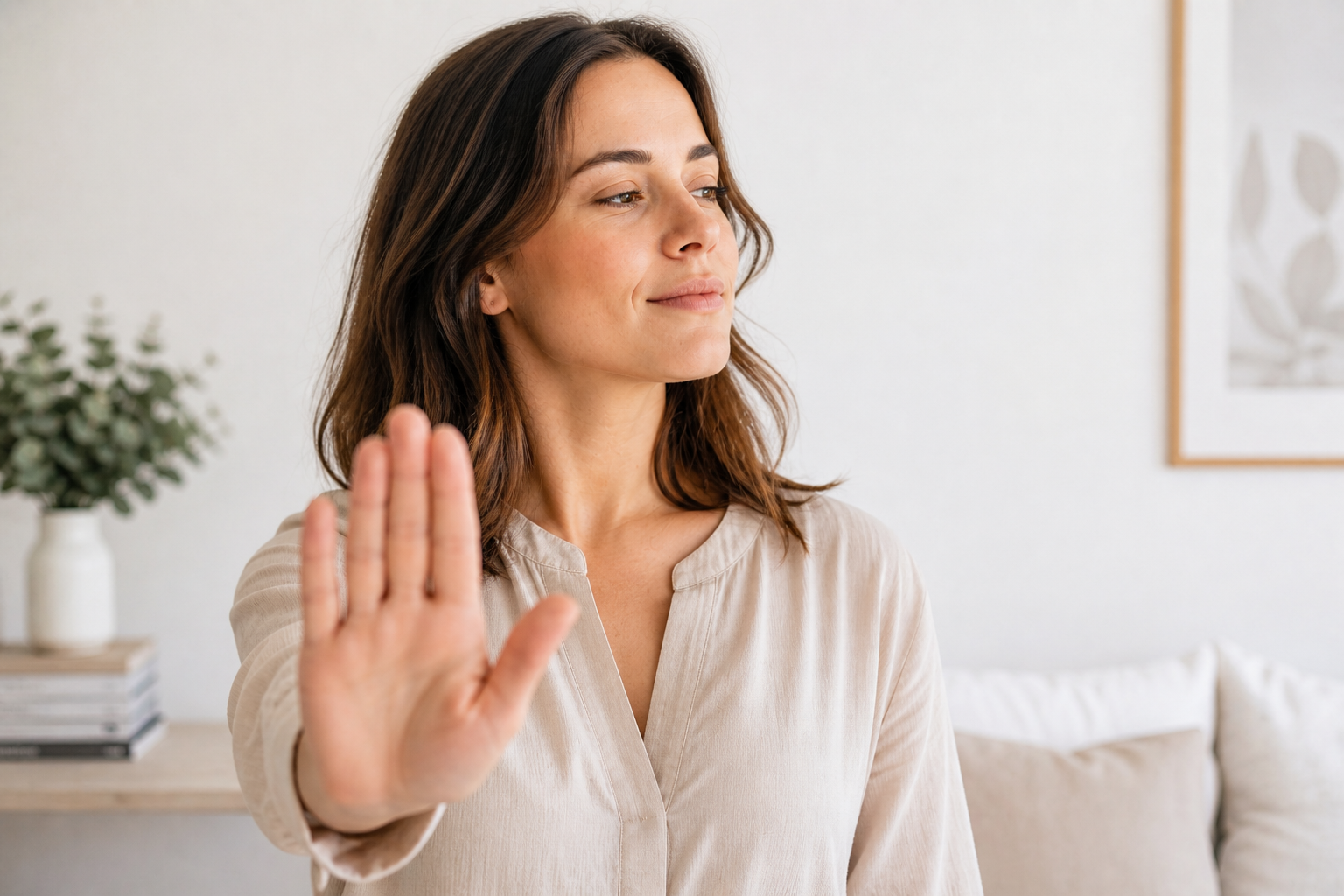 Woman setting healthy boundaries with calm and confidence in a peaceful environment