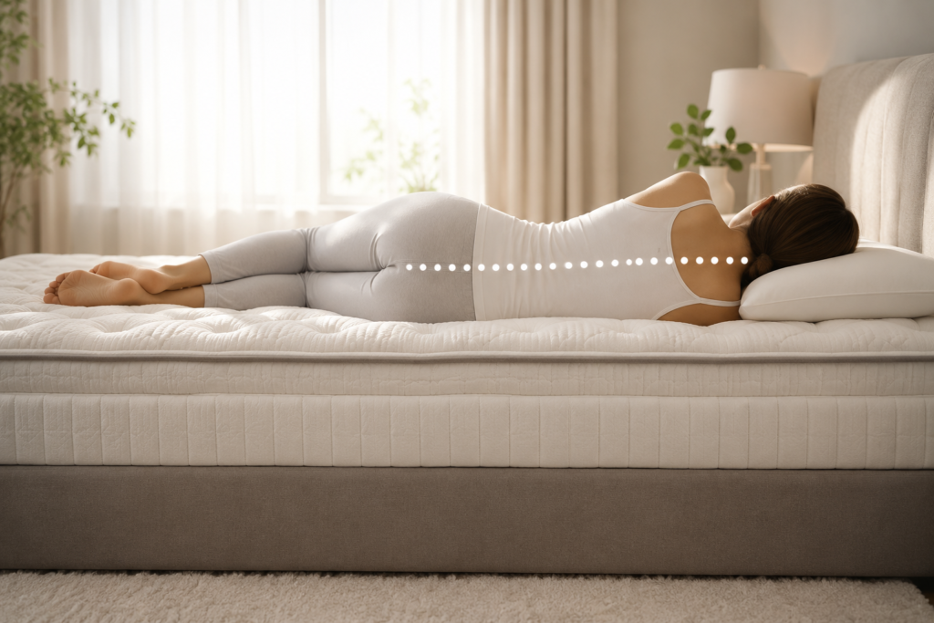 Woman sleeping with proper spinal alignment on a supportive mattress.