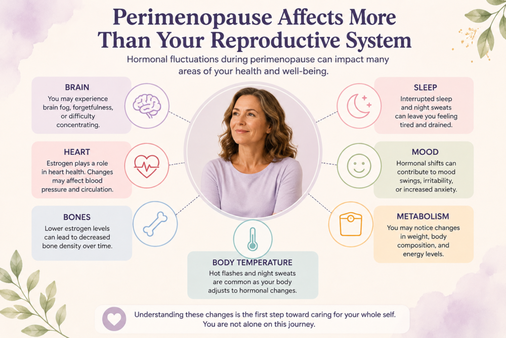 Infographic showing how perimenopause can affect multiple body systems, including the brain, heart, bones, sleep, mood, metabolism, and body temperature.