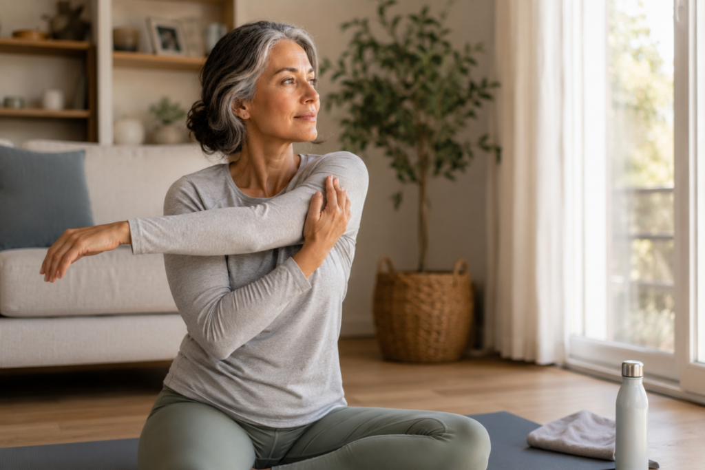 Healthy woman gently stretching her shoulder to relieve muscle pain and fatigue during perimenopause.