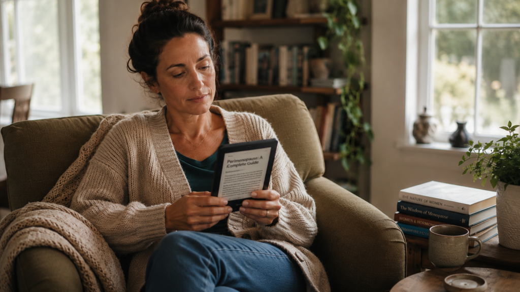 Woman relaxing at home while reading a guide about perimenopause on an e-reader.