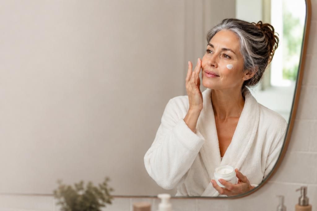 Healthy woman in her 40s applying facial moisturizer.