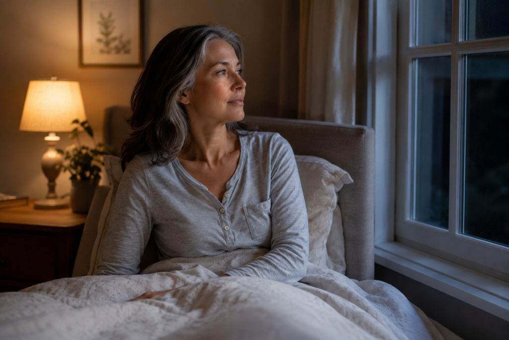 Healthy woman sitting awake in bed at night.