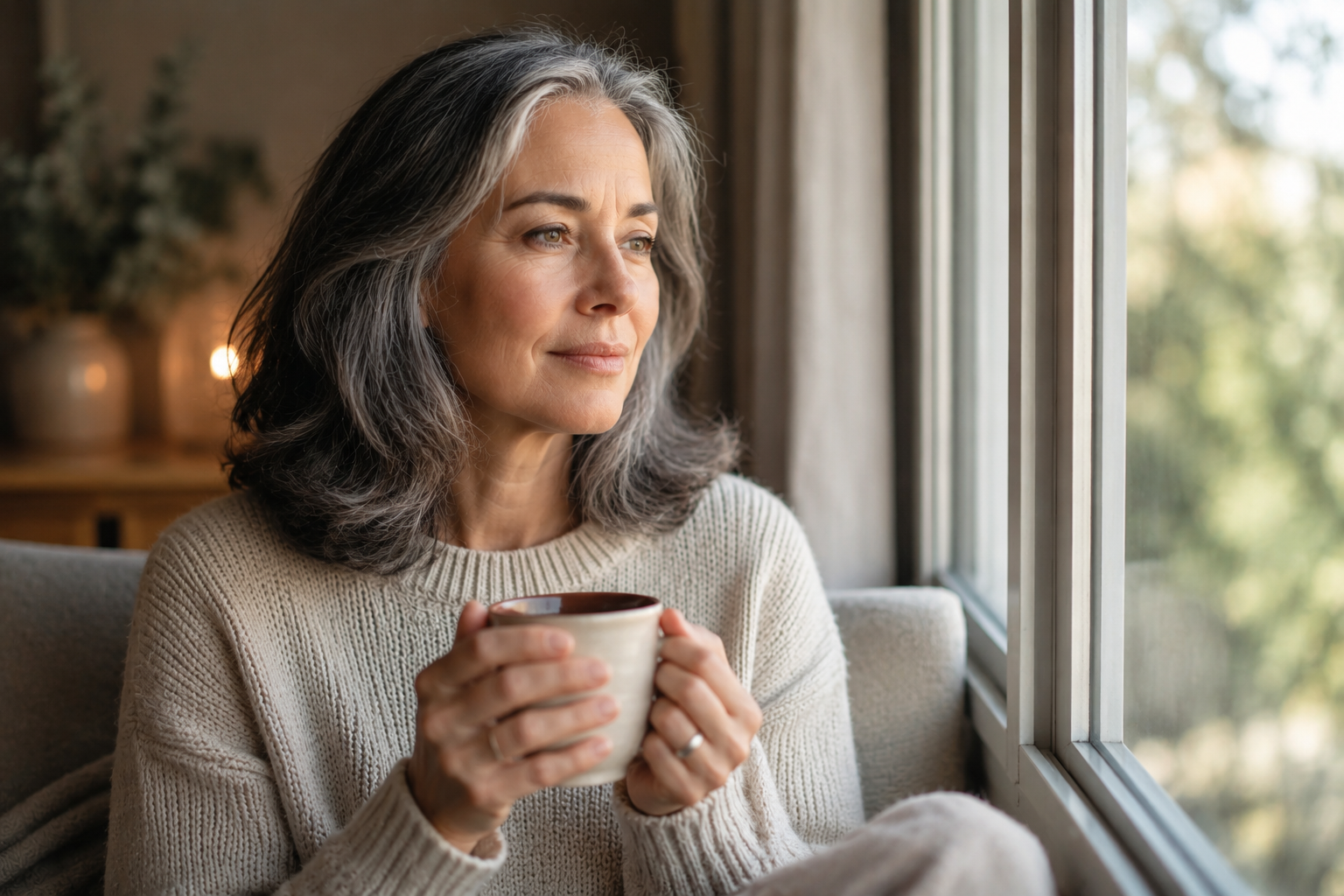 Healthy woman in her 40s sitting near a window