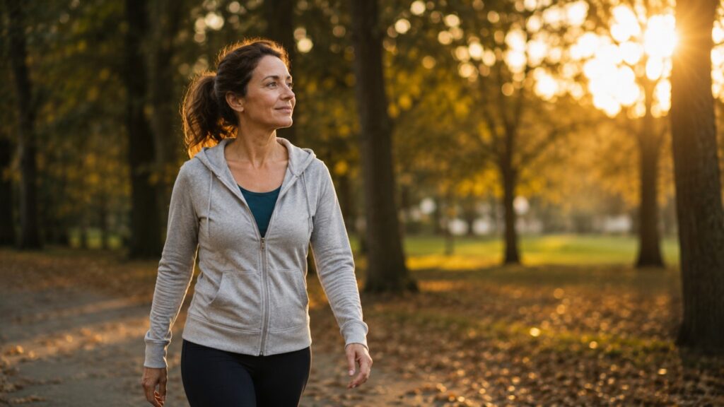 Woman enjoying a walk outdoors to support her health during perimenopause.