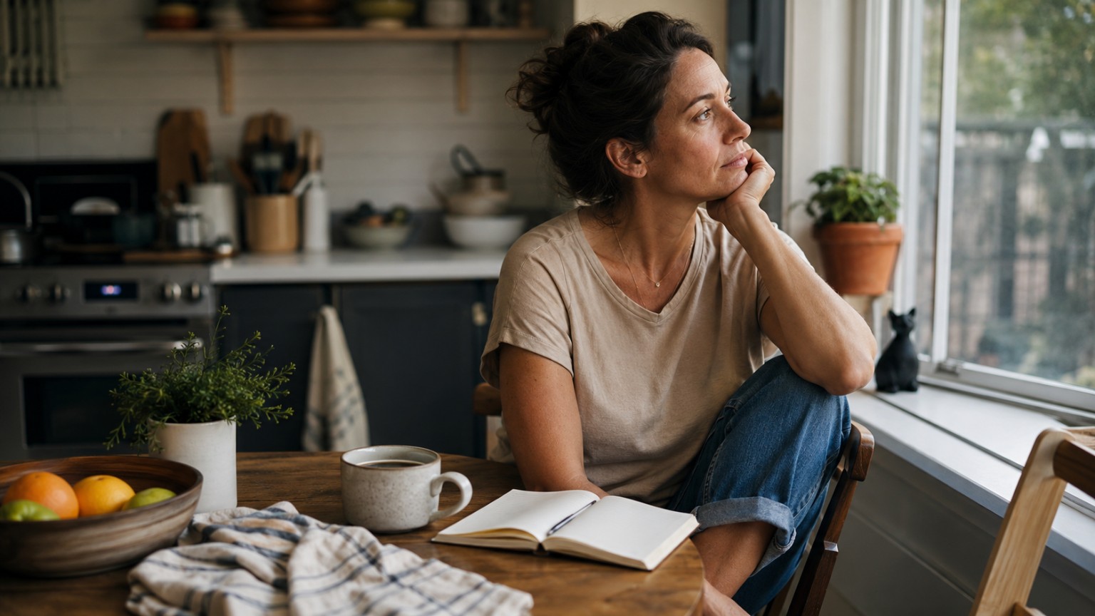 Woman reflecting at home during perimenopause while looking out the window.